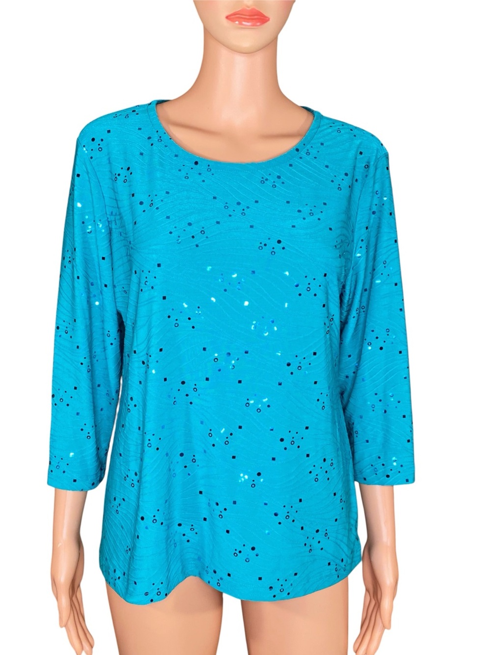 JM Collection Petite Teal Blouse Scoop Neck 3/4 Sleeve Sequin Accents Size PL